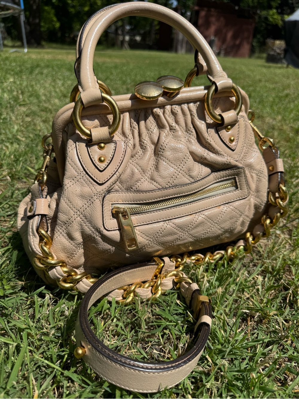Marc Jacobs Beige Quilted Satchel with Gold Hardware
